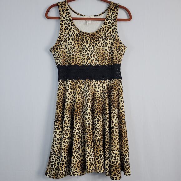 Vintage sleeveless leopard print sheer lace waist mini dress sz XL Y2K 90s USA - Picture 1 of 5
